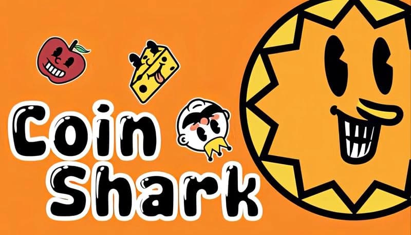 Coin Shark Demo: Grinning sun-like face and animated apple, cheese, and character float on an orange background.