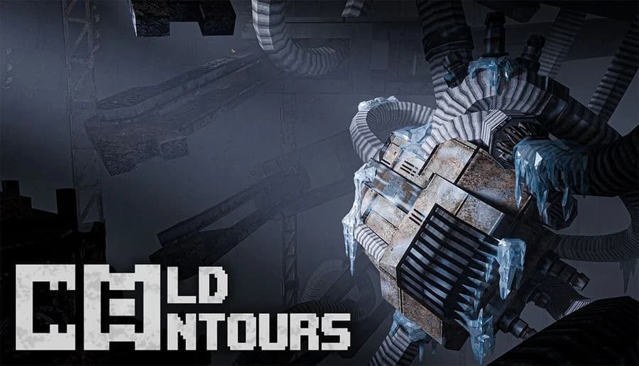 Cold Contours: ice-coated metal engine block with ribbed pipes and vents in a dark industrial chamber with frost.