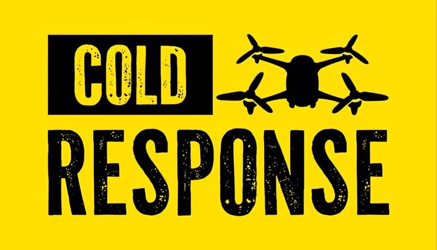 Cold Response: Black quadcopter drone silhouette hovering above bold lettering on a bright yellow background.