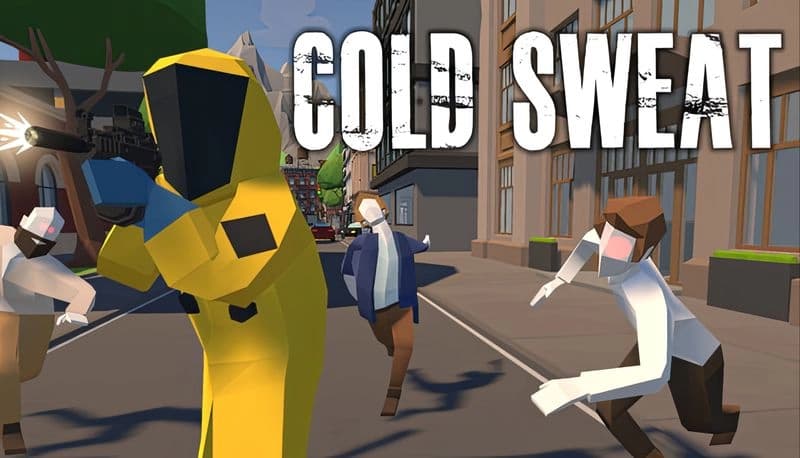 Cold Sweat: Character in yellow hazmat suit runs through a city street, pursued by zombies amidst tall buildings and mountains.