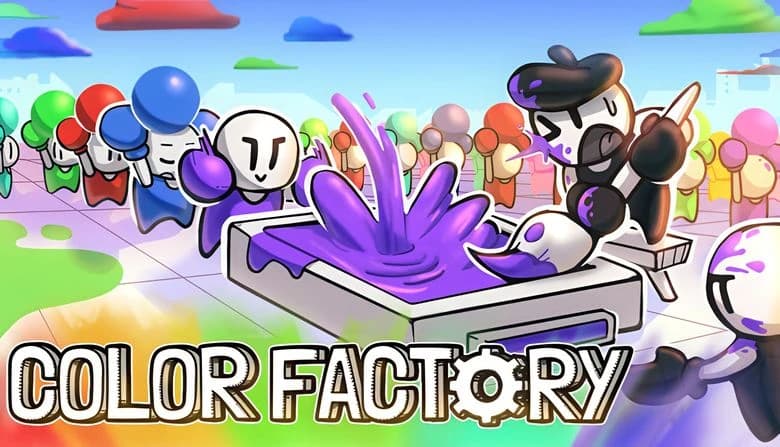 Cartoon scene shows a man in a black beret mixing paint in a vivid, purple paint fountain, while colorful characters line up.