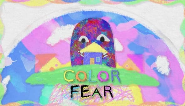 Color Fear: Vibrant text over a dotted gradient, a cartoonish grinning face emerges from left beside colorful houses.
