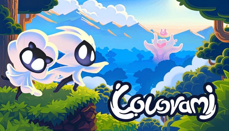 Colorami: Two ghost-like creatures stand on a grassy cliff, overlooking a vast forest with a mystical tree in the distance.