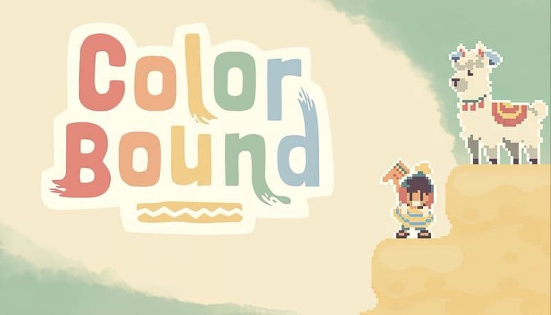 Colorbound: Young boy in colorful poncho stands with a llama on a cliff, set against a pastel sky blending green and beige.