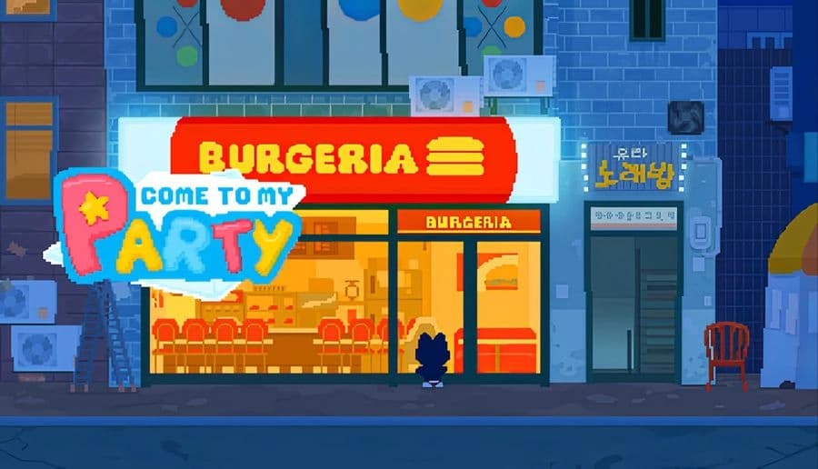 Come to my party!: Smiling cartoon boy in a blue cat hoodie beside a dog in a rainbow hat, dim party room backdrop.