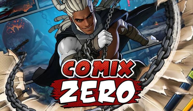Comix Zero: Muscular man with braided hair swings chain in comic-style scene, spider in blue backdrop, torn page effect.