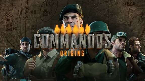 Commandos: Six stern soldiers in WWII gear stand before a tactical map backdrop, ready for action in a strategic setting.