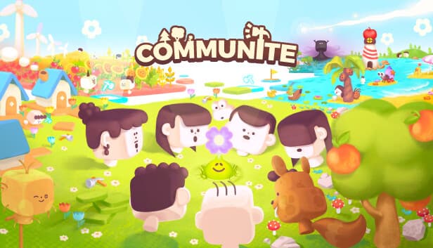 Communite: Block-headed figures gather around a flower on grassy landscape with colorful houses and trees under a bright sky.