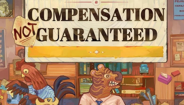 Rooster in blue shirt holds documents at cluttered desk with typewriter, next to tiger in tan shirt; bookshelves behind.