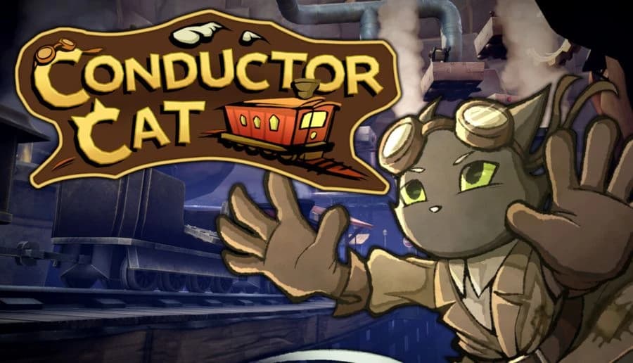 Conductor Cat: gray cat with green eyes raises paws beside a red train icon against a dark blue stone wall backdrop.