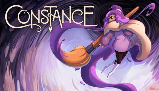 Constance: Girl with purple hair and cloak flies with large paintbrush through swirling vortex, vibrant colors in motion.
