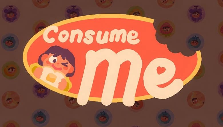 Young girl with short hair holding toast inside an orange logo with a bite mark, her face repeated in fruit icons behind.