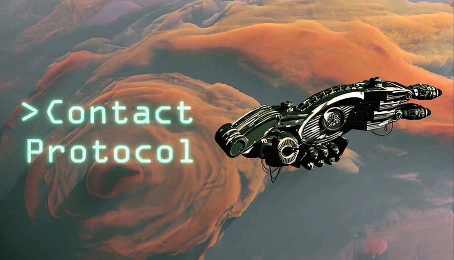 Contact Protocol: Sleek spacecraft flies past massive orange storm clouds against a blue-gray planet sky backdrop.
