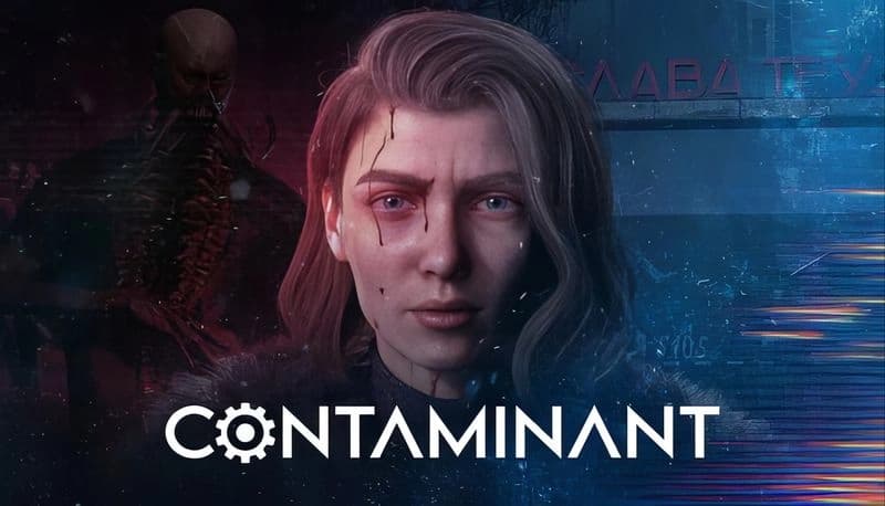 CONTAMINANT: Maria with scars stares forward, shadowy creature behind in eerie, industrial setting with dim lighting.