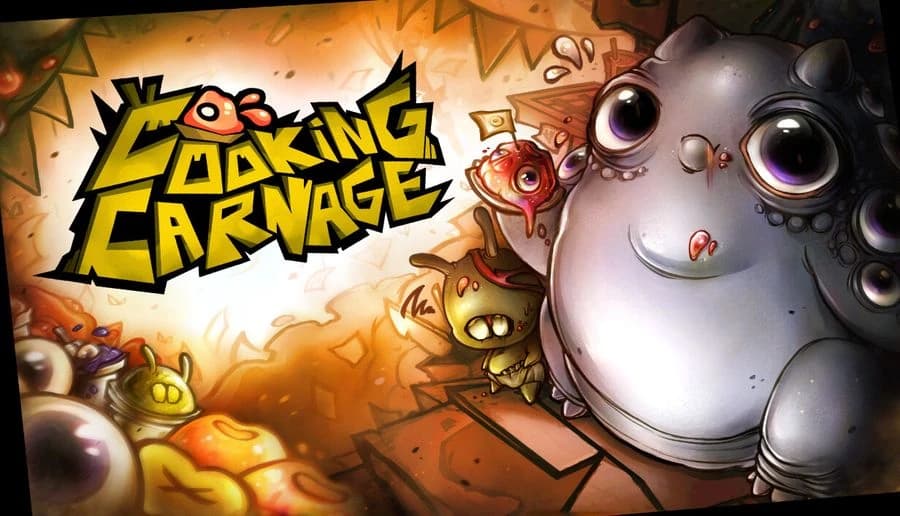 Cooking Carnage: round gray alien with huge eyes stares forward amid doodled monsters and orange explosions backdrop.