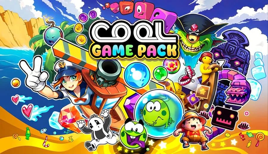 Cool Game Pack: Young sailor and friends with colorful gems and cartoon frog set in vibrant, lively beach arcade environment.
