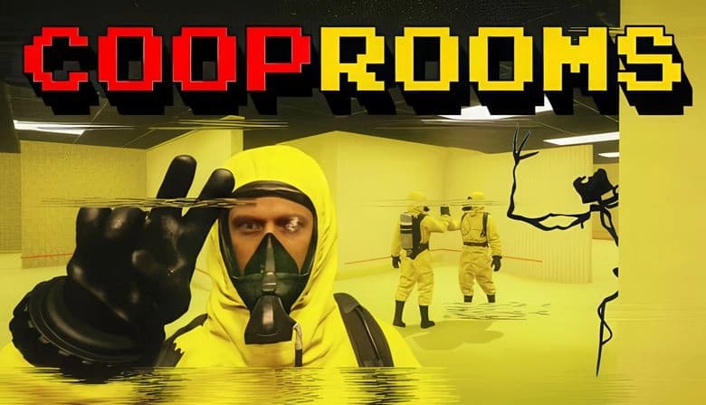 CoopRooms: Hazmat-suited figures explore eerie yellow corridors, with one in the foreground gesturing to the camera.
