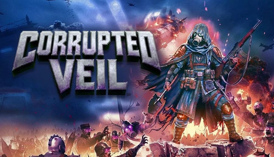 Corrupted Veil: hooded armored soldier grips rifle amid smoky battlefield with fire, debris, and distant blast sky.