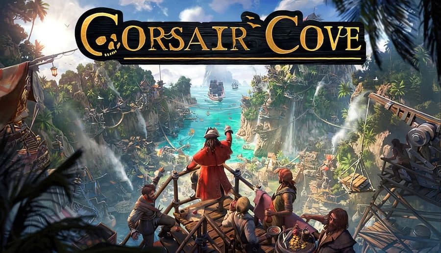 Corsair Cove: Pirate captain raises sword on dock as crew watches ships in bright harbor town with palm trees.