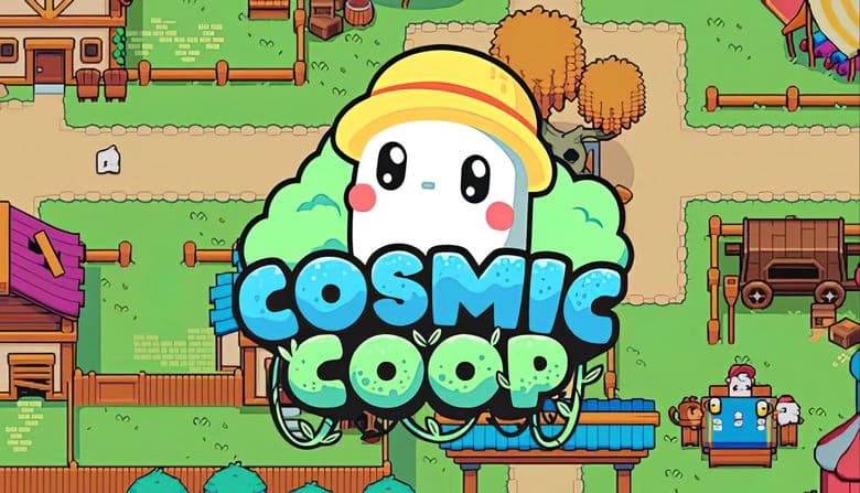 Cosmic Coop: Cute white creature with yellow hat in vibrant village setting, surrounded by colorful buildings and trees.
