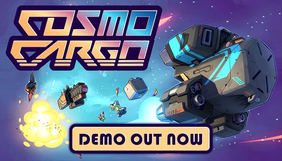 Cosmo Cargo: bulky gray spaceship firing blue thrusters past asteroids and small fighters in a purple starfield.