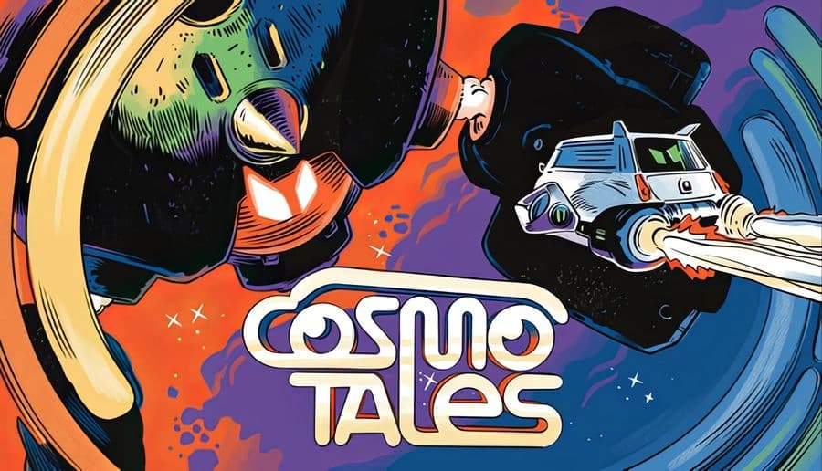 Cosmo Tales: Retro space pilot in helmet floats beside rocket ship with flaming thrusters in starry outer space.