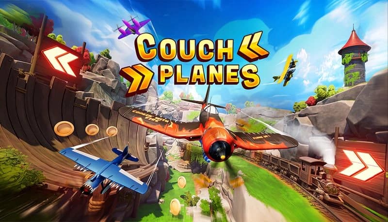 Couch Planes: Colorful planes race through a winding canyon with coins floating, lush trees, and a distant tower visible.