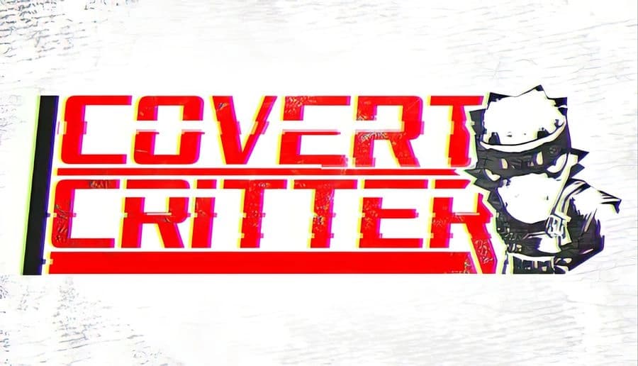 Covert Critter: masked reptile agent aiming pistol beside red title bars on white, glitchy background with scanlines.
