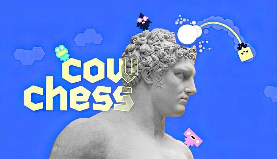 Cow Chess: Marble statue head in profile beside bold block letters, blue background with floating gamepad icons.