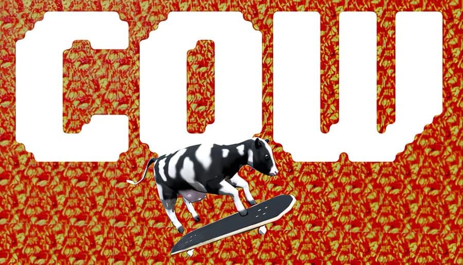 Cow: Black-and-white cow mid-jump on a skateboard over orange lava texture, with large white block shapes behind.