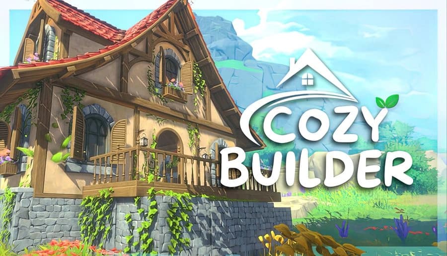 Cozy Builder: sunlit stone cottage with balcony and vines climbing walls, arched windows, green hills behind.