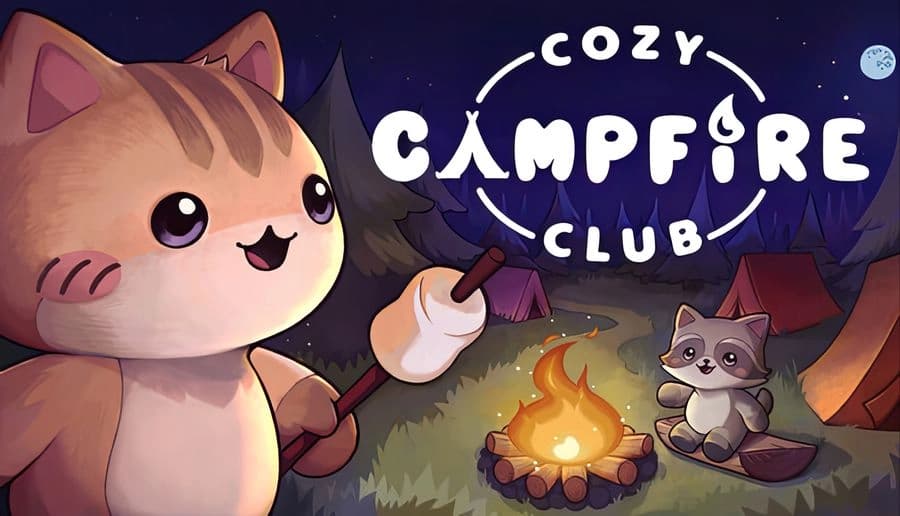 Cozy Campfire Club: Smiling cartoon kitten points at campfire while small cat sits by tent under starry sky.