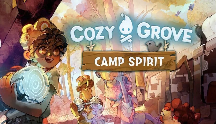 Cozy Grove: curly-haired boy holds glowing blue spirit orb beside campsite sign in autumn forest with bear statue.