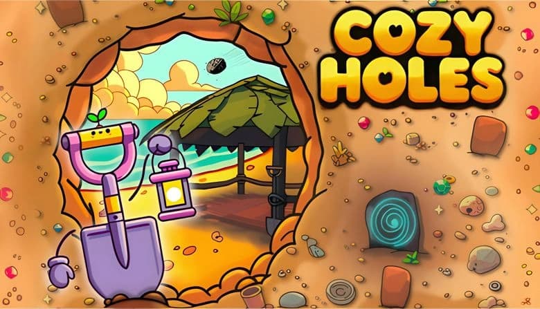 Cozy Holes: Digby, a magical shovel, holds lantern by tropical beach hut, surrounded by carved stones and colorful gems.