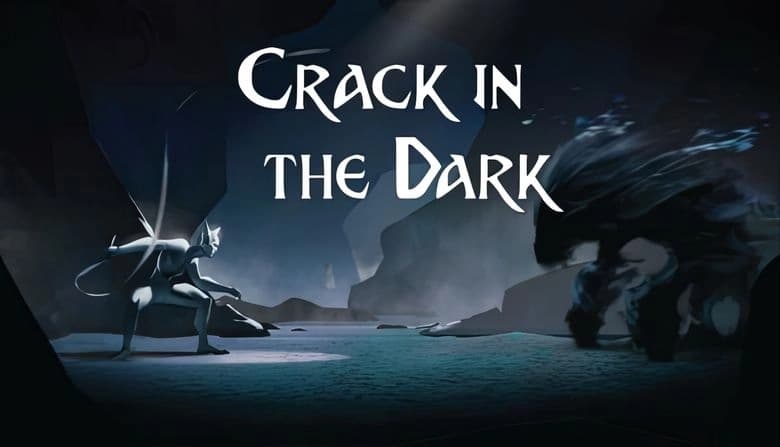Crack In The Dark: Warrior crouches with whip, facing shadowy beast in dark cavern setting. Light beams through cracks.