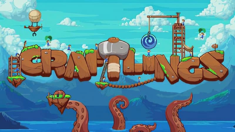 Craftlings: Tiny figures build with ladders and cranes on giant letters surrounded by mountains and blue sea tentacles.