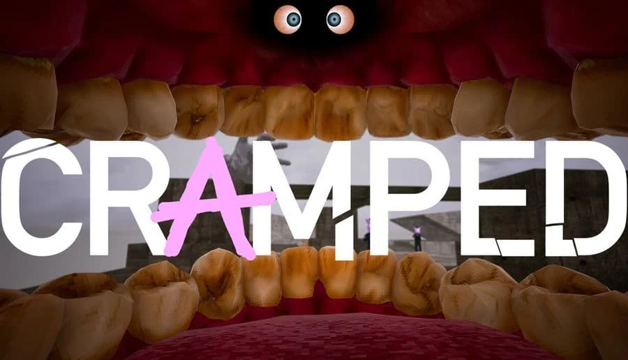Cramped: Wide open mouth with teeth and gums frames a white corridor, tiny purple figure inside, eyes above ceiling.