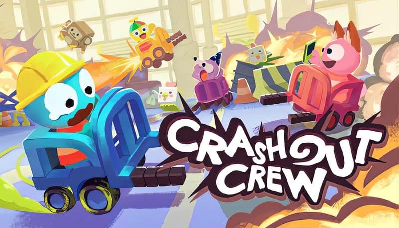 Crashout Crew: Colorful creatures drive mini bulldozers in a chaotic indoor arena with obstacles, engaging in a race.