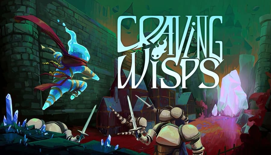 Craving Wisps: Blue flame-headed figure crouches on stone ledge near cluttered ruin courtyard and pink crystal glow.