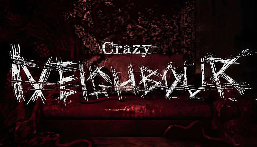 Crazy Neighbour: Blood-smeared face with stitched mouth and shadowed eye sockets against a dark, gritty background.
