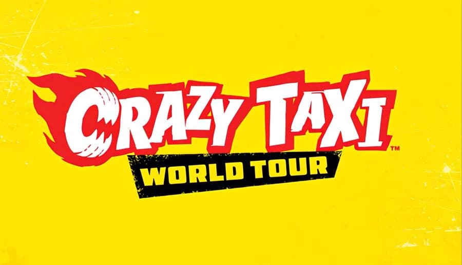 Crazy Taxi: Bold red-and-white Crazy Taxi lettering above black World Tour banner on bright yellow, distressed background.