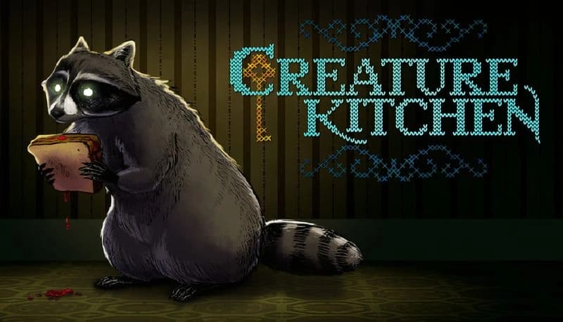 Creature Kitchen: Glowing-eyed raccoon clutching sandwich drips sauce in dim room with striped walls and patterned floor.