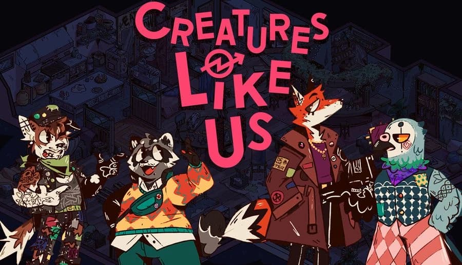 Creatures Like Us: four anthropomorphic animals pose together under large pink title letters dark urban backdrop.