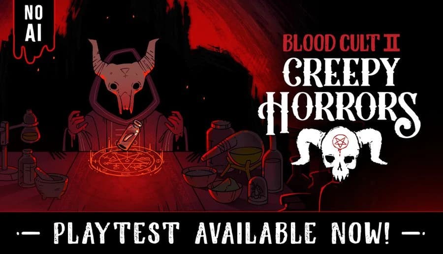 Creepy Horrors: horned cultist draws a pentagram with blood, candlelit ritual table, red occult altar room.