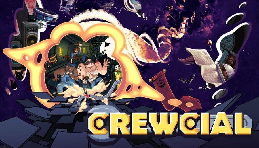 Crewcial: Cartoon astronauts tumble from a portal, clutching tools and debris in a purple starfield with planets.