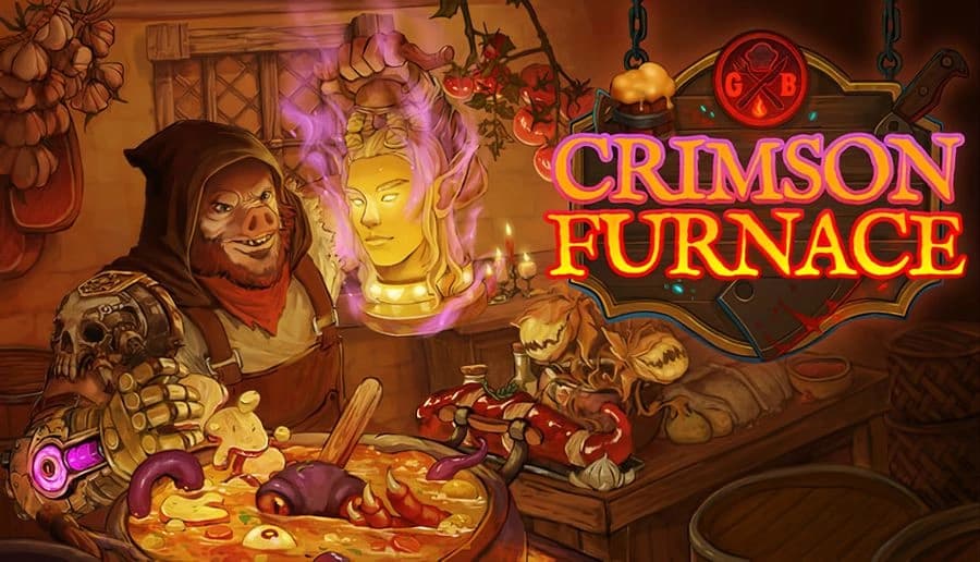 Crimson Furnace: Hooded bartender serves a crowded table of strange food beside a glowing purple spirit head in a tavern.