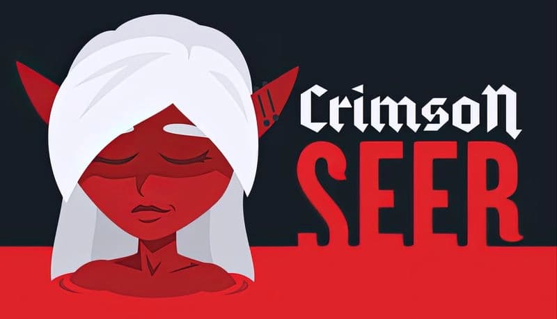 Crimson Seer: A red-skinned elf with white hair and closed eyes emerges from red water against a dark background.