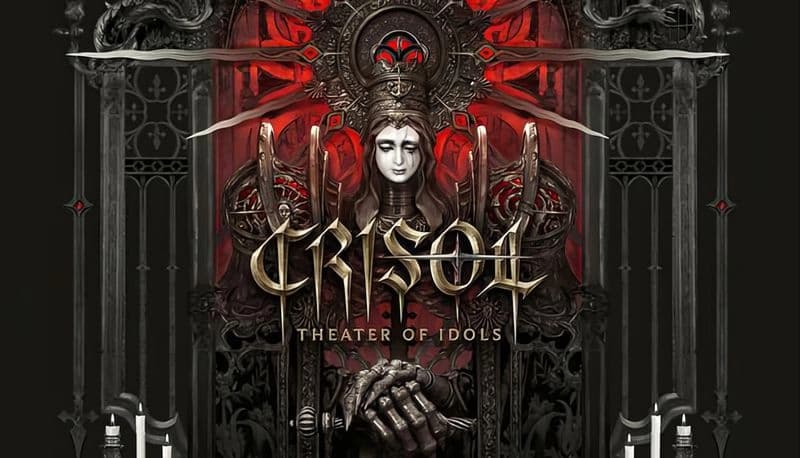 Crisol: Gothic statue of female figure with crown in ornate, dark setting featuring red and black tones, candles below.