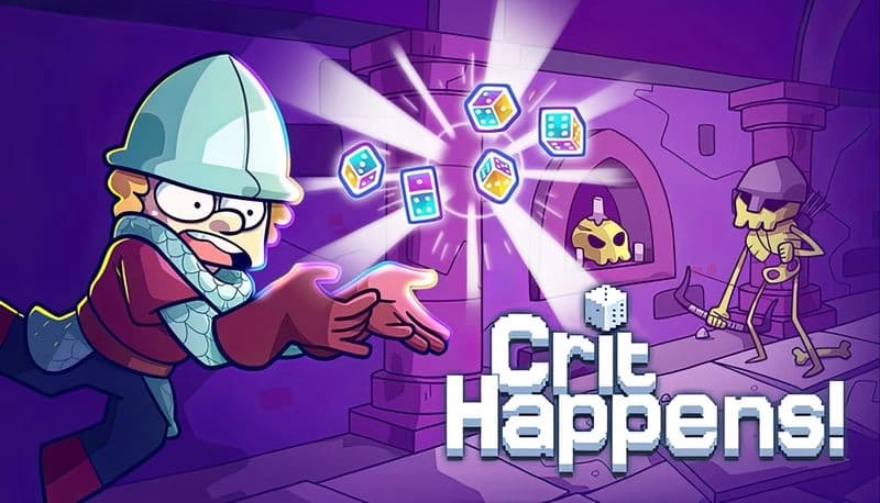 Crit Happens!: Young man in armor tosses glowing dice toward skeleton warrior in a dungeon, with purple hues and stone walls.