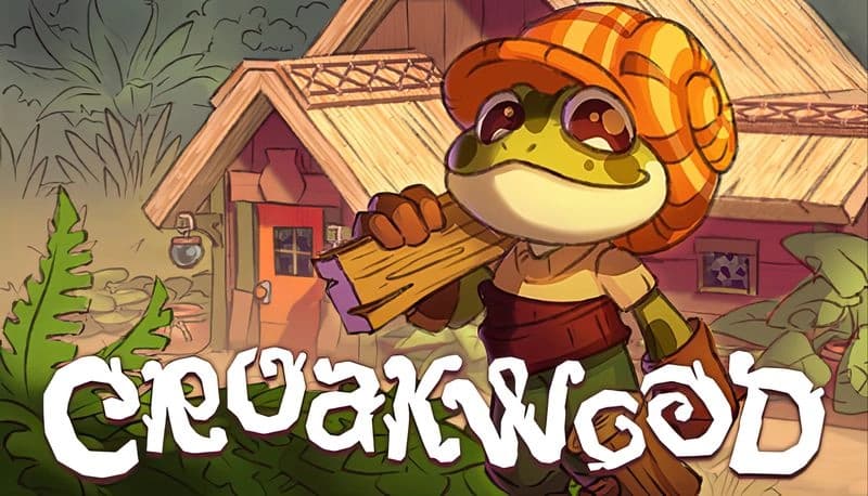 Croakwood: A frog wearing a striped hat carries a wooden plank outside a rustic house surrounded by lush greenery.